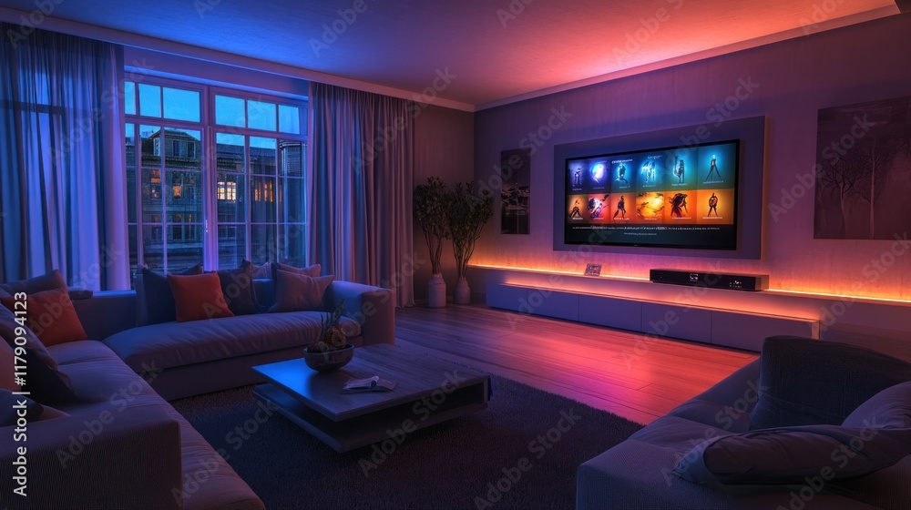 Modern living room with smart LED lights, large TV screen displaying streaming services, and comfortable seating. Modern living room with smart LED lights, large TV screen displaying streaming services, and comfortable seating.