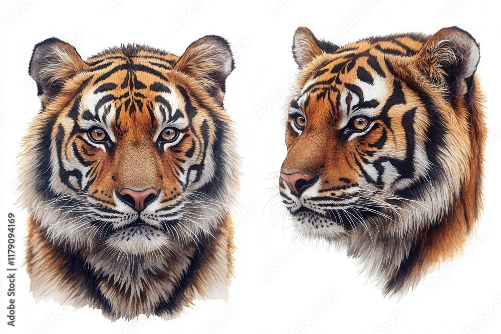 Fototapeta premium Two detailed illustrations of a tiger's head showcasing its features and expressions.