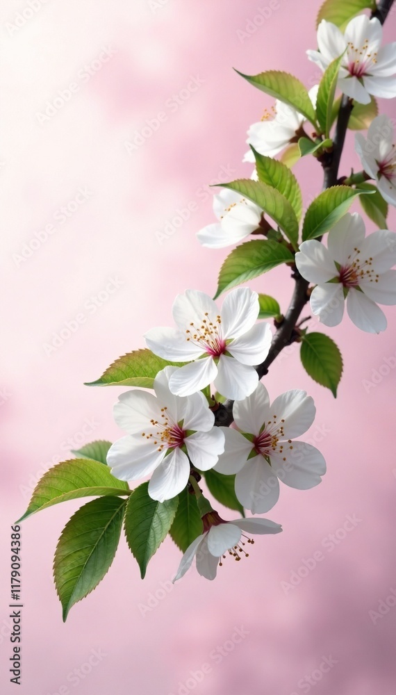 Fototapeta premium Blooming white cherry blossoms and lush green leaves on a tree branch against a soft pink overcast sky, flowers, blossoms