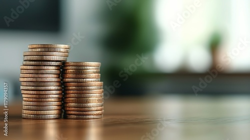 A close-up of stacks of coins on a wooden surface, with a blurred background creating a soft, modern ambiance.