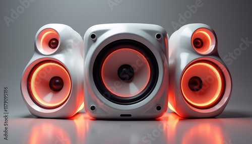 Futuristic white speakers with vibrant red led lighting in modern design