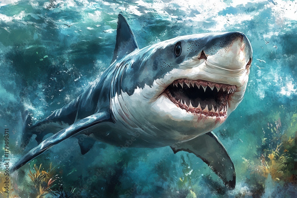 Fototapeta premium A realistic illustration of a great white shark swimming underwater.