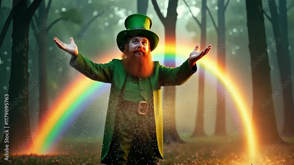 Leprechaun conjuring rainbow in mystical forest setting. St. Patrick's Day celebration.