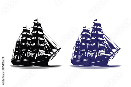 Sailing boat silhouettes with white background, Vector EPS10 illustration Sailing ship black and color 