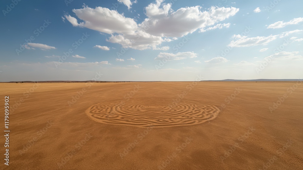 Naklejka premium A vast desert landscape features a circular pattern in the sand, under a bright sky with fluffy clouds, creating a striking contrast.
