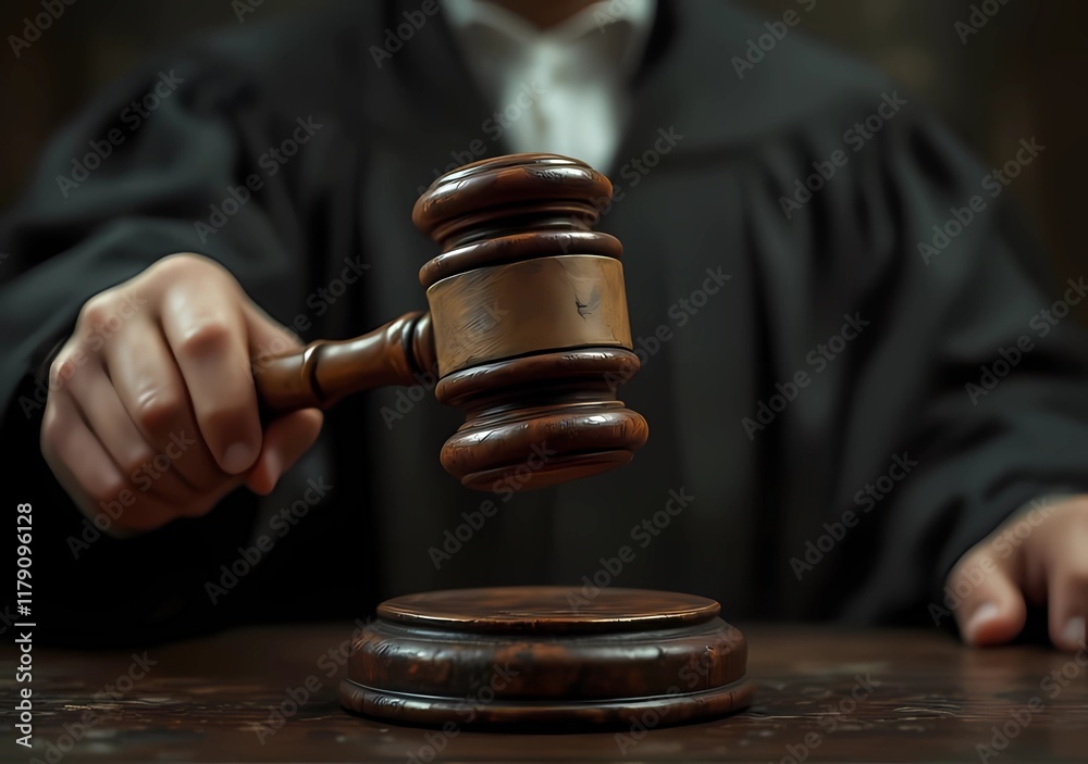 Close up of professional highlighting the decisive moment of a judge wielding a gavel in the courtroom, signaling the commencement or conclusion of proceedings Close up of professional highlighting the decisive moment of a judge wielding a gavel in the courtroom, signaling the commencement or conclusion of proceedings