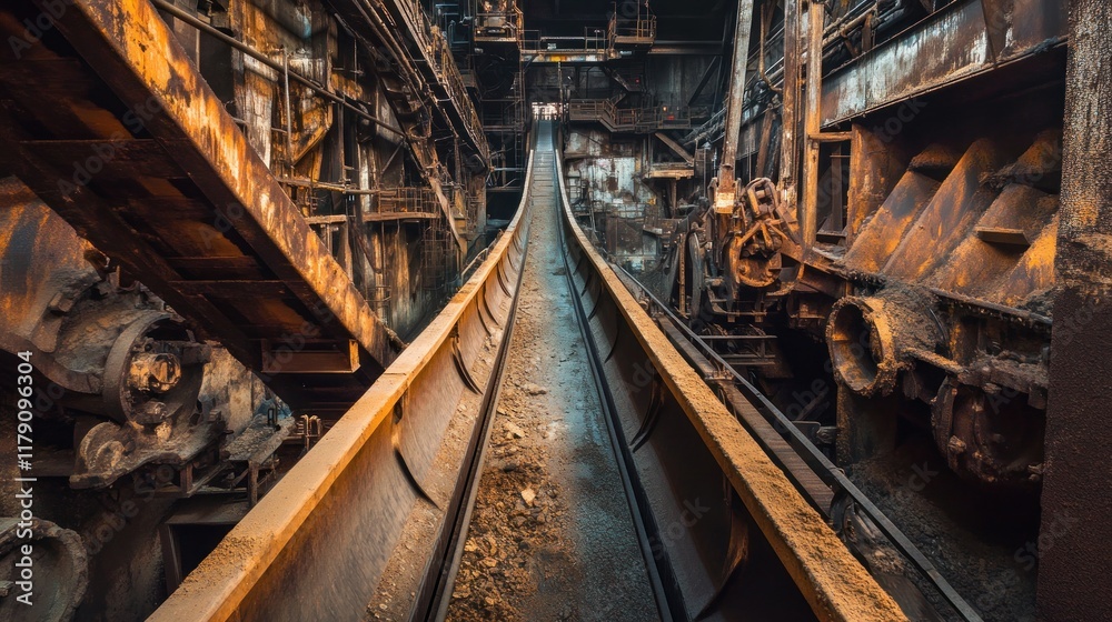 Rusty industrial conveyor belt in abandoned factory. Rusty industrial conveyor belt in abandoned factory.