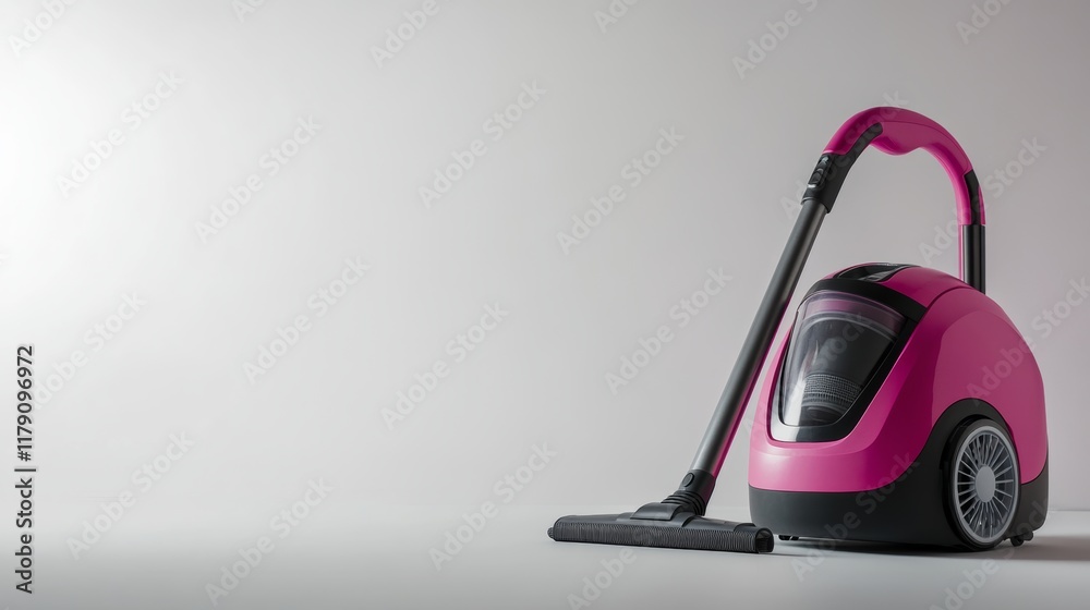 A compact vacuum cleaner placed upright on a plain white backdrop A compact vacuum cleaner placed upright on a plain white backdrop