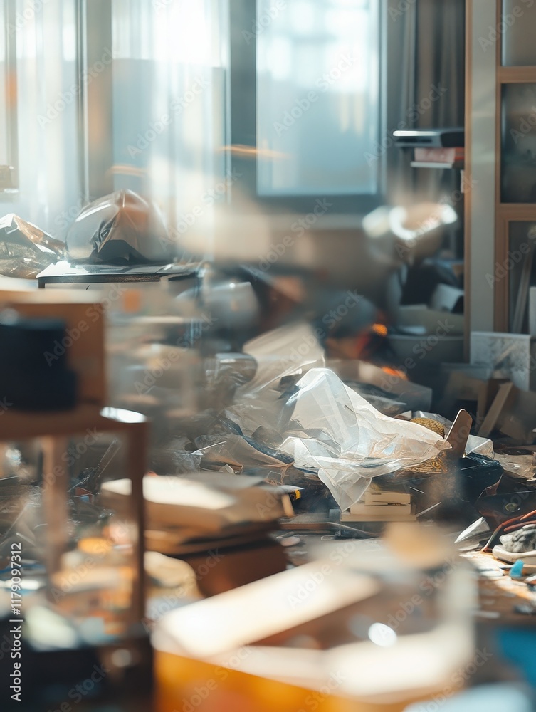 Fototapeta premium mess, disorder and interior concept - blurred photo of messy home living room with scattered stuff