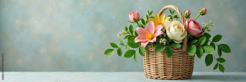 Grey and beige woven basket filled with greenery and flowers, arrangement, woven, foliage Grey and beige woven basket filled with greenery and flowers, arrangement, woven, foliage