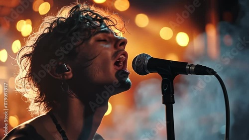 Passionate Male Vocalist Performing on Stage, Swirling Smoke