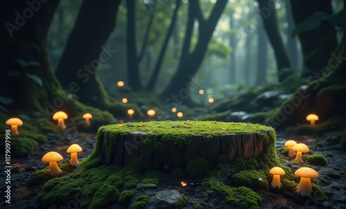 Enchanted forest scene with glowing mushrooms photo