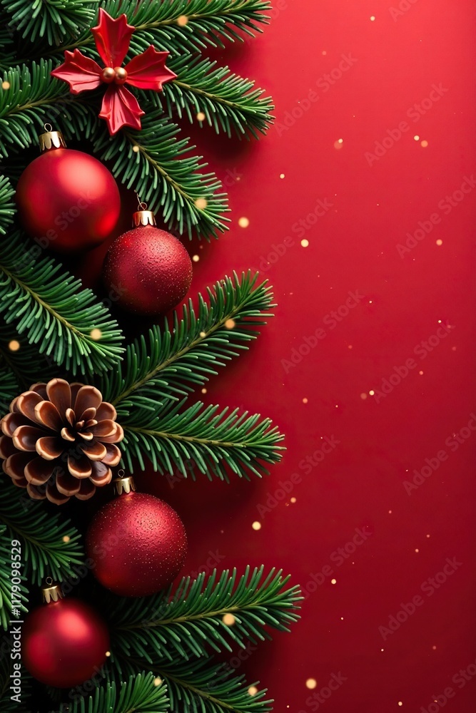 Pinecones and holly intertwined with sparkling ornaments on a crimson red background, holly, background, winter wonderland Pinecones and holly intertwined with sparkling ornaments on a crimson red background, holly, background, winter wonderland