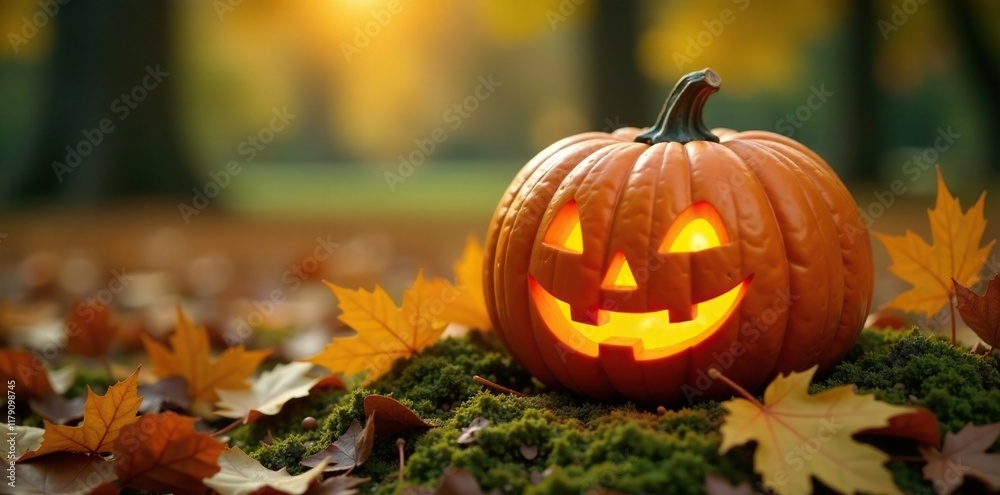 Carved pumpkin on a patch of green and gold autumn leaves with a warm and cozy atmosphere, , leafy, cozy Carved pumpkin on a patch of green and gold autumn leaves with a warm and cozy atmosphere, , leafy, cozy