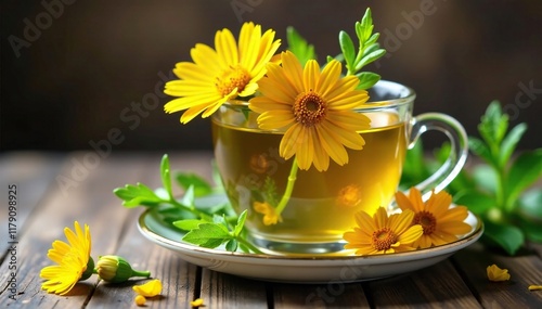 Glass cup and saucer filled with fresh calendula flowers and greenery, saucer, natural, flowers photo