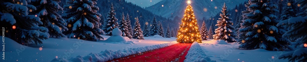 Obraz premium A red carpet flowing like a river through a winter wonderland scene, ending at a majestic Christmas tree with a sparkling star on top, glamour, festive atmosphere, christmas tree