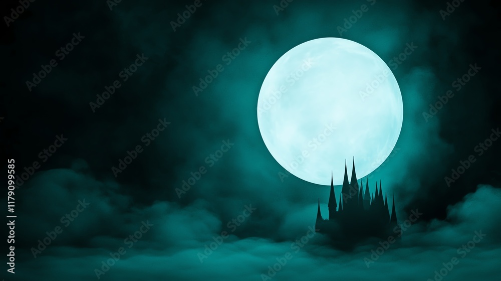 A haunting scene features a large, glowing moon above a dark castle silhouette shrouded in mist, creating an eerie, atmospheric landscape. A haunting scene features a large, glowing moon above a dark castle silhouette shrouded in mist, creating an eerie, atmospheric landscape.