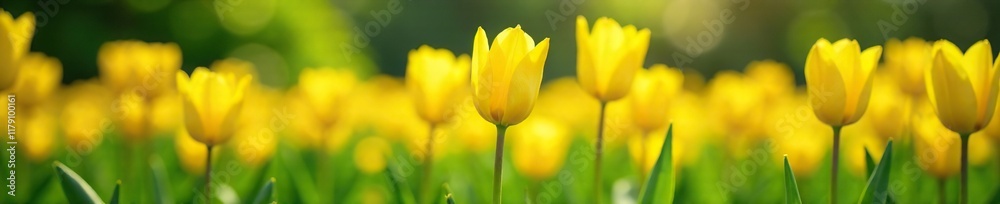 Bright yellow tulips blooming in a lush green meadow, garden, flowers of spring, sunny meadow Bright yellow tulips blooming in a lush green meadow, garden, flowers of spring, sunny meadow
