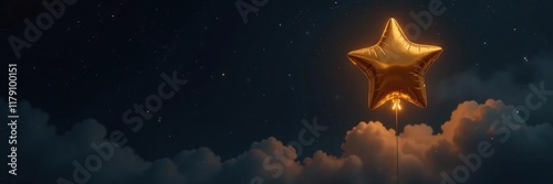 Black background with golden star balloon rising high, misty, black, evening