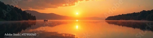 A serene lake with a gentle yellow-orange sunset reflection, water, orange