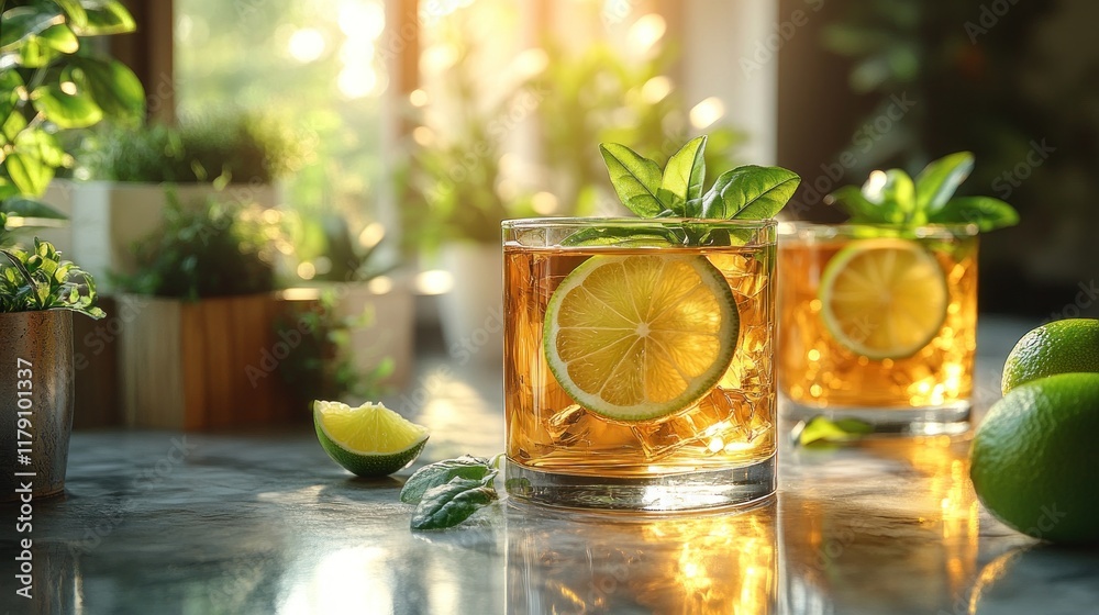 Iced tea with lime and basil in sunlight. Iced tea with lime and basil in sunlight.