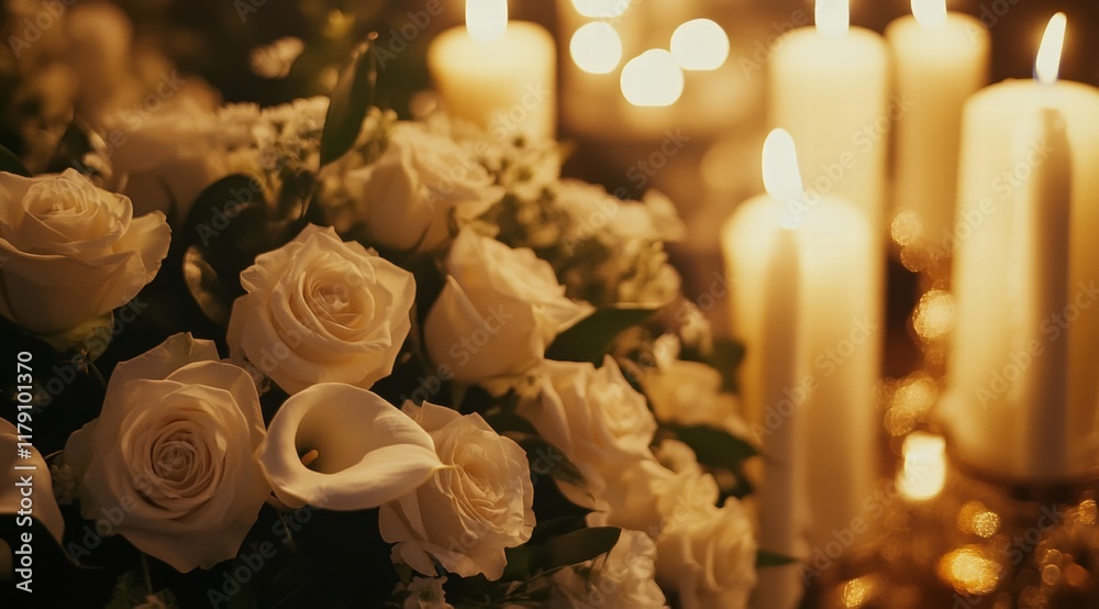 Obraz premium A close-up shot of the head table, showcasing an elegant display of white roses and calla lilies 