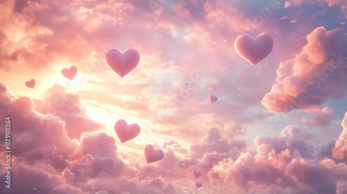 Pink hearts in pink clouds fly in the sky