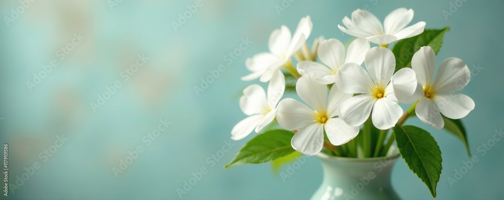 Fototapeta premium Soft focus white periwinkle flowers in a delicate vase with green leaves, floral arrangements, periwinkle