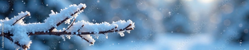 Snowy branch covered in frost and ice crystals, snowflakes, winter, icy landscape Snowy branch covered in frost and ice crystals, snowflakes, winter, icy landscape