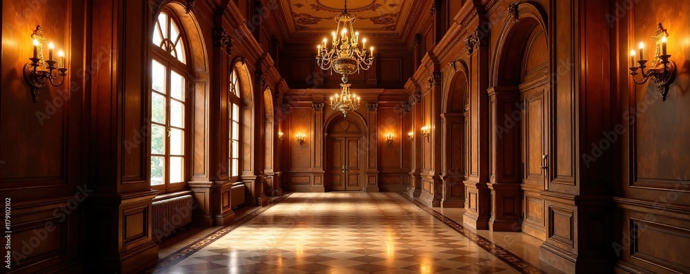 Fototapeta premium High-ceilinged hallway lined with rich wood paneling and lavish chandeliers, elegant, , wooden