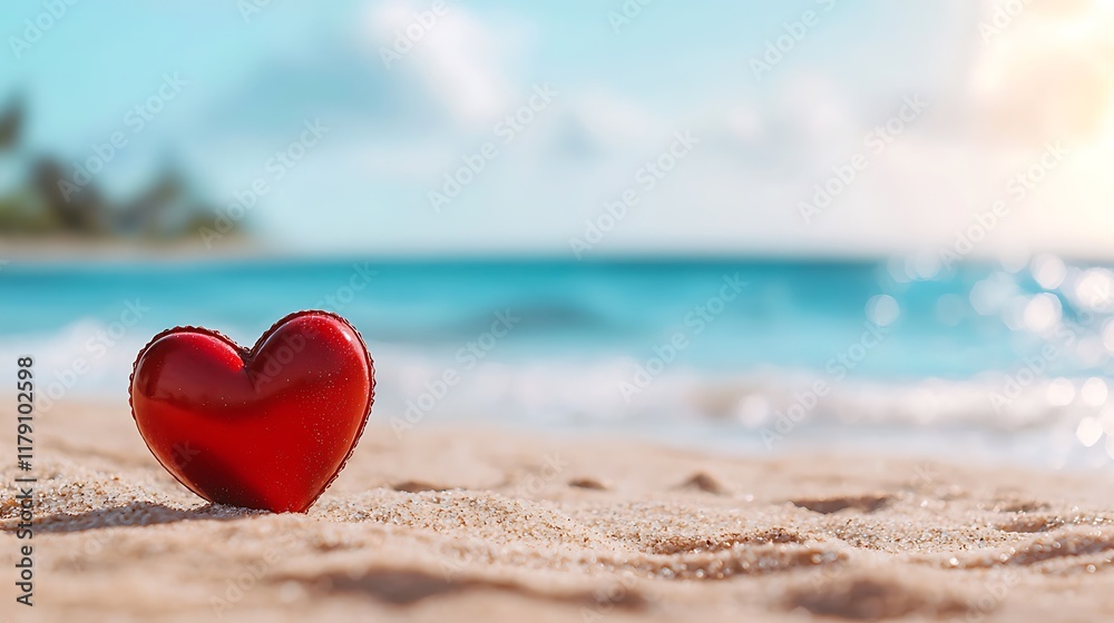 A red heart shaped object lying alone on the sandy beach with gentle ocean waves approaching in the background creating a serene and romantic mood The image conveys a sense of solitude tranquility A red heart shaped object lying alone on the sandy beach with gentle ocean waves approaching in the background creating a serene and romantic mood The image conveys a sense of solitude tranquility