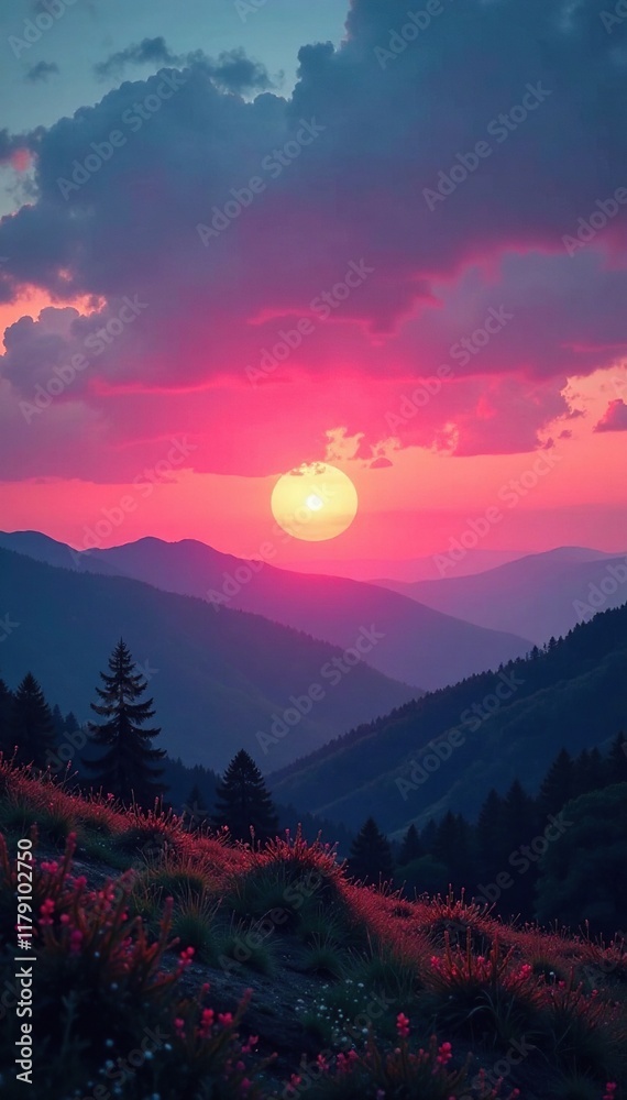 Fototapeta premium A soft pink glow illuminates the horizon as sunset falls over a serene landscape, glow, colors