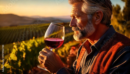 Primer plano de un enólogo degustando y disfrutando una copa de vino tinto. Enología, viñedo, bodega, AF photo