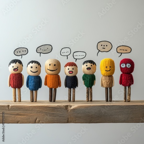 Colorful Figurines with Speech Bubbles on Shelf photo