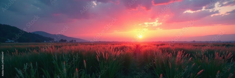 Softly glowing grass field under twilight sky, field, grass, evening Softly glowing grass field under twilight sky, field, grass, evening