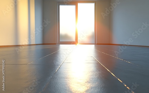 Sunlit empty room with glass doors.