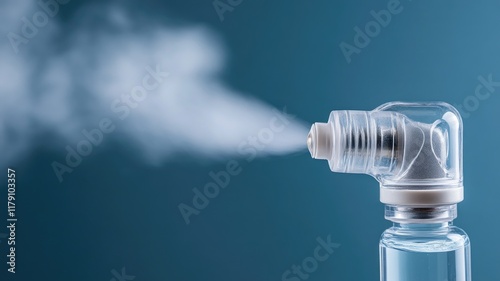 Inhaler releasing vapor for respiratory treatment, isolated on blue background