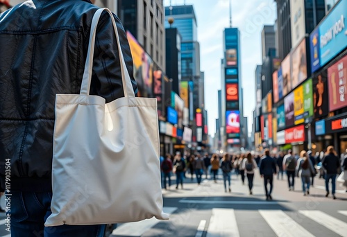 a blank white tote bag hanging from the arm of person walking along a bustling city street