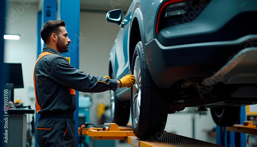 Mecánico ajustando la rueda de un SUV en taller automotriz