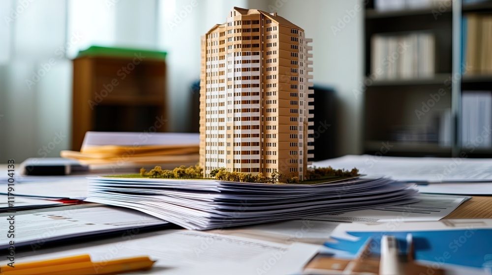 Office desk, apartment building model, blueprints, planning Office desk, apartment building model, blueprints, planning