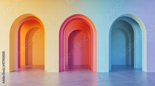 Abstract background with three arched doorways in different colors.  photo