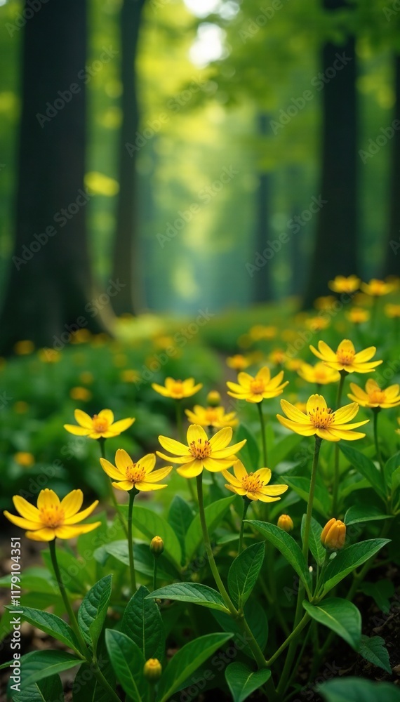 Obraz premium Bright yellow wildflowers blooming in forest undergrowth, blossoms, trees