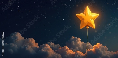 Black background with golden star balloon rising high, cloudy, evening