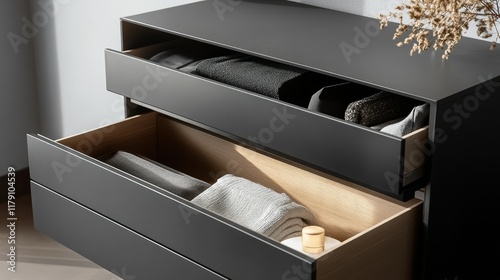 A modern chest of drawers in a monochrome room, with partially open drawers showcasing minimalist wardrobe essentials. photo