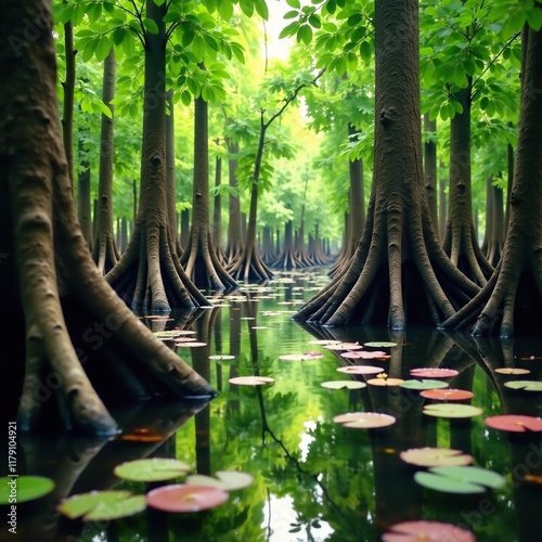 Mangrove tree trunks and roots exposed on the surface of a shallow swamp pool with water lilies, mangroves, forest ambiance, wetlands photo