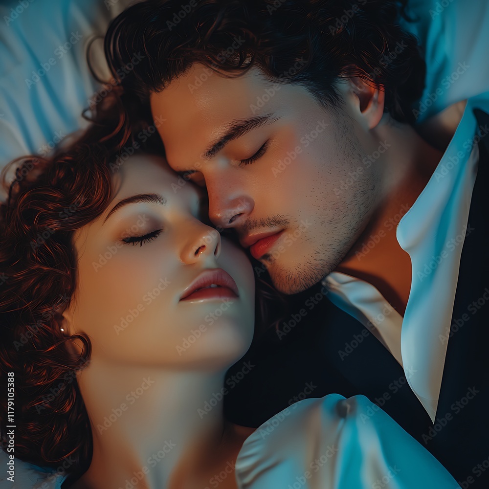 A romantic scene featuring a couple embracing closely, asleep together, conveying intimacy and warmth. A romantic scene featuring a couple embracing closely, asleep together, conveying intimacy and warmth.