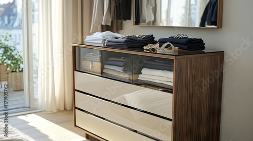 A modern chest of drawers with a glass top displaying jewelry and folded clothes inside, situated in a brightly lit bedroom. photo