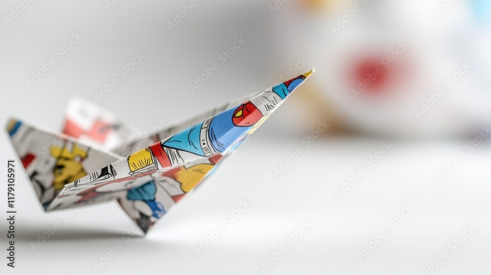 Fototapeta premium Colorful origami paper airplane folded, featuring comic patterns