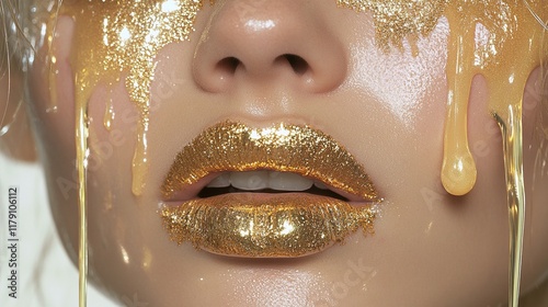 Golden accents adorn the face and body, with shimmering paint dripping from lips and nails. Glossy lips glisten with golden hues, while metallic makeup enhances the model's captivating features. 