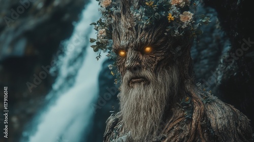 Glowing-eyed tree spirit with floral crown near waterfall. photo